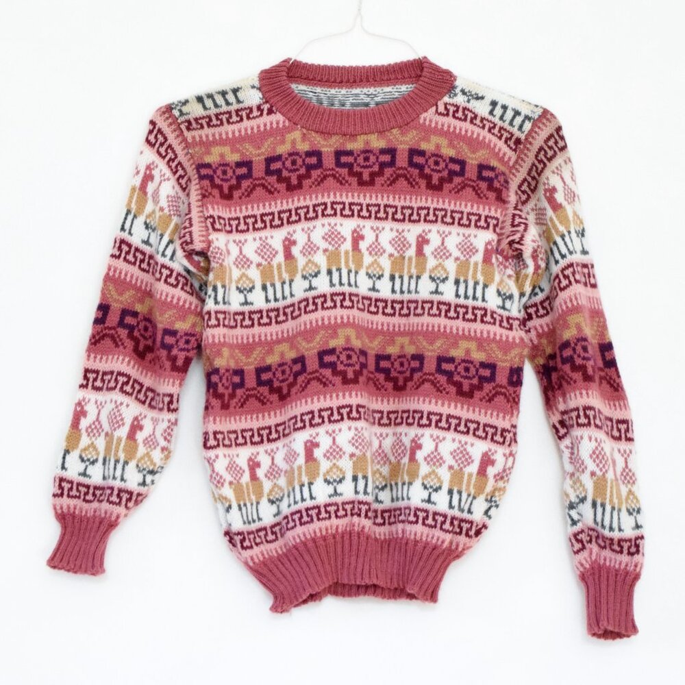 Pink & White Llama Faire Isle Thick Knit Sweater | Size XS